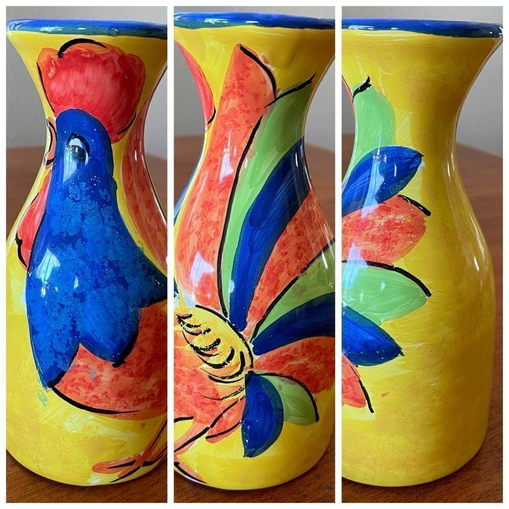 Vintage Bellini PIU Made in Italy Rooster Ceramic Vase Yellow Orange Blue Green